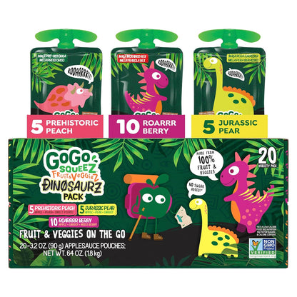 3.2 oz resealable squeeze pouches in a pack of 20 (24 in the strawberry/blueberry variant)