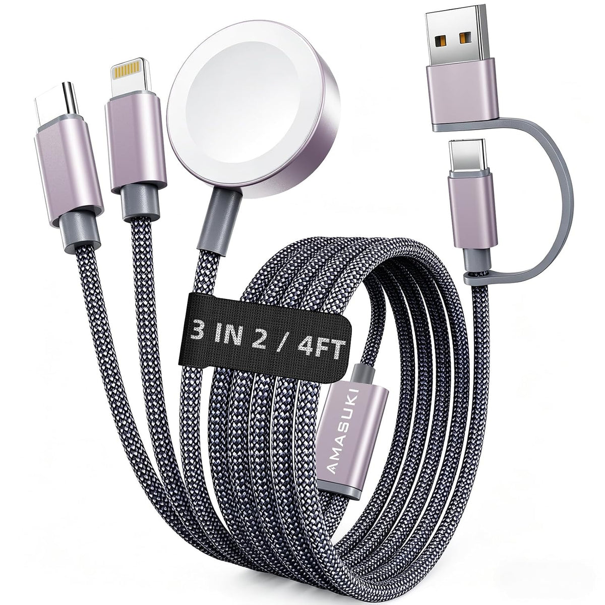 3-in-2 charging design with 6 possible usb-c/usb-a to iwatch, lightning, and type-c combinations