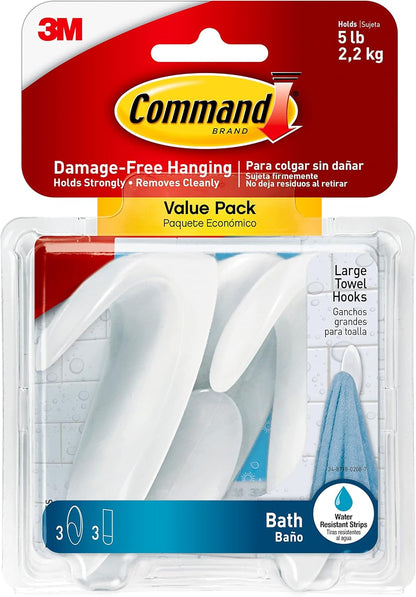 3 large hooks and 3 water-resistant adhesive strips included in value pack
