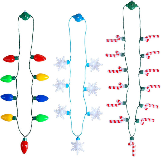 3-piece set featuring snowflake, candy cane, and colorful bulb led necklace designs