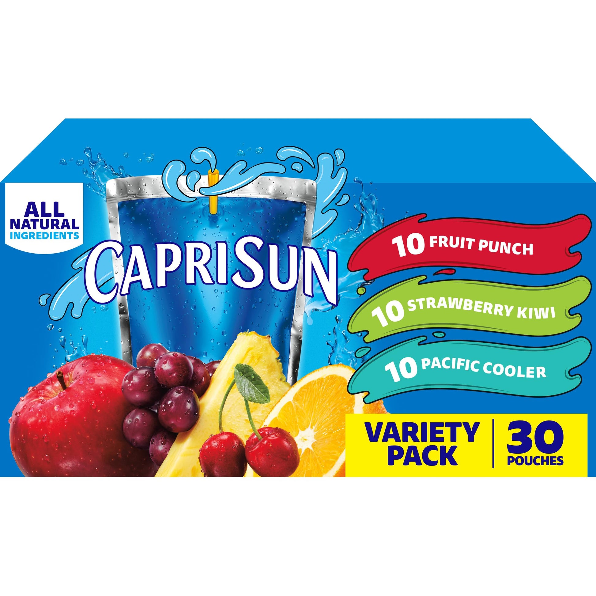 30 individual 6 fl oz pouches with included straws (plus 10, 50, and 60 fl oz multi-pack options)