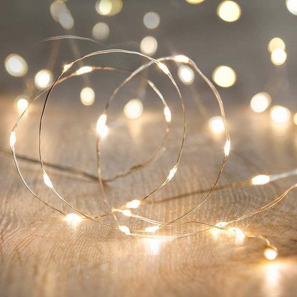 30 (or 60) super bright warm white leds on a single silver ultra-thin copper wire with 4-inch bulb spacing