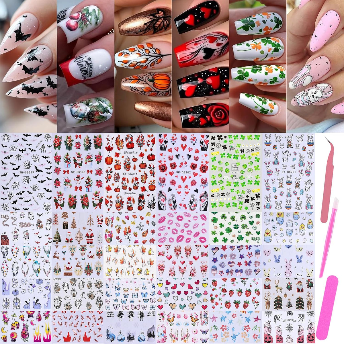 30 sheets of 3d self-adhesive nail art stickers spanning christmas, halloween, valentine's, easter, st. patrick's, and seasonal motifs