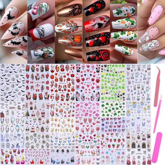 30 sheets of 3d self-adhesive nail art stickers spanning christmas, halloween, valentine's, easter, st. patrick's, and seasonal motifs
