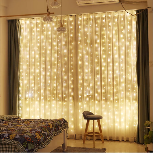 300 led bulbs on a 9.8 × 9.8 ft silver/copper wire curtain grid