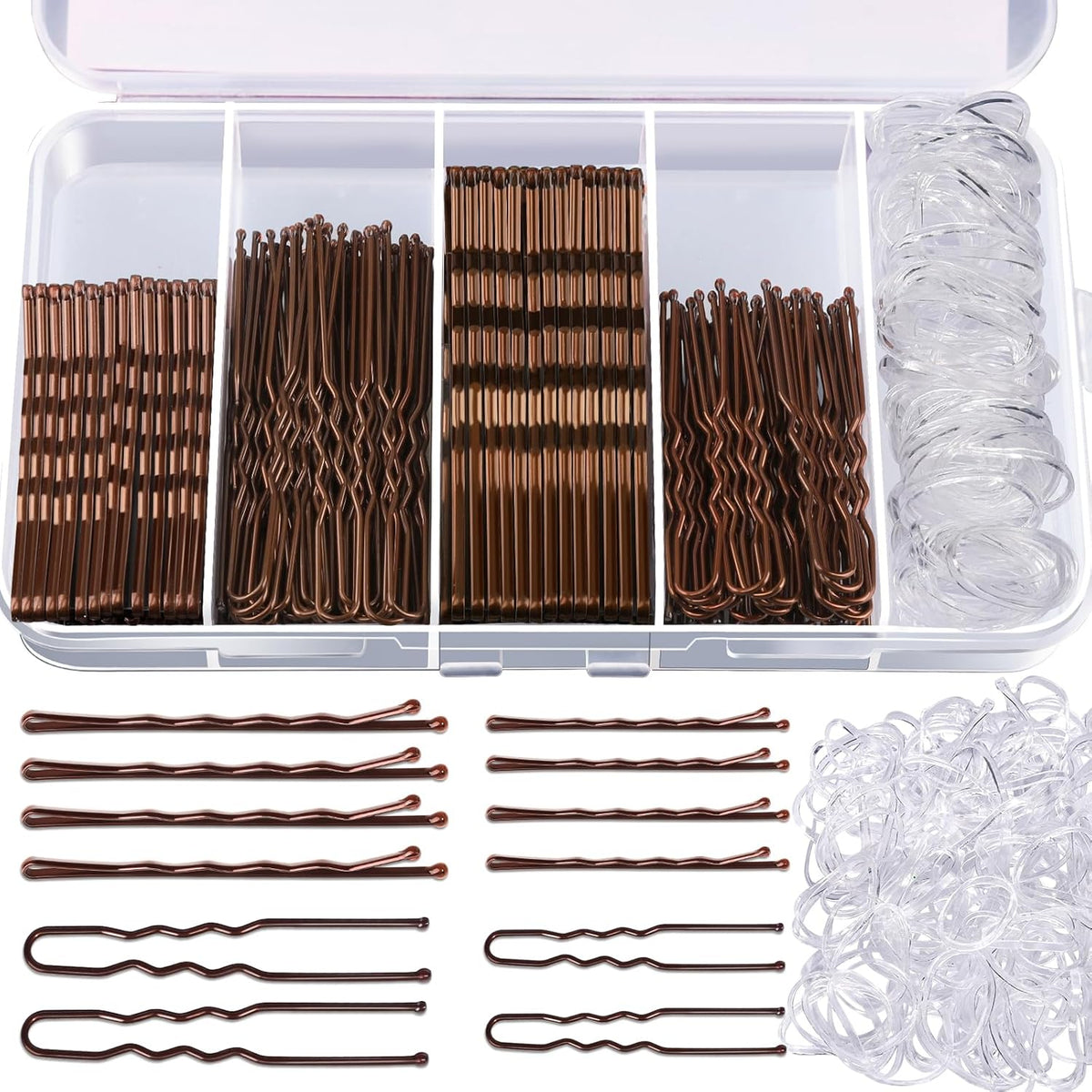 300-piece assortment: 50×2" bobby pins, 50×2.75" large bobby pins, 50×2" bun bobby pins, 50×2.36" u-pins, 100 clear hair bands