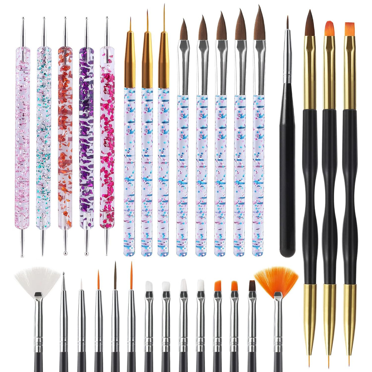 31-piece configuration: 15 black nail art brushes, 5 dotting tools, 3 liner pens, 3 double-ended liner brushes, 5 painting brushes