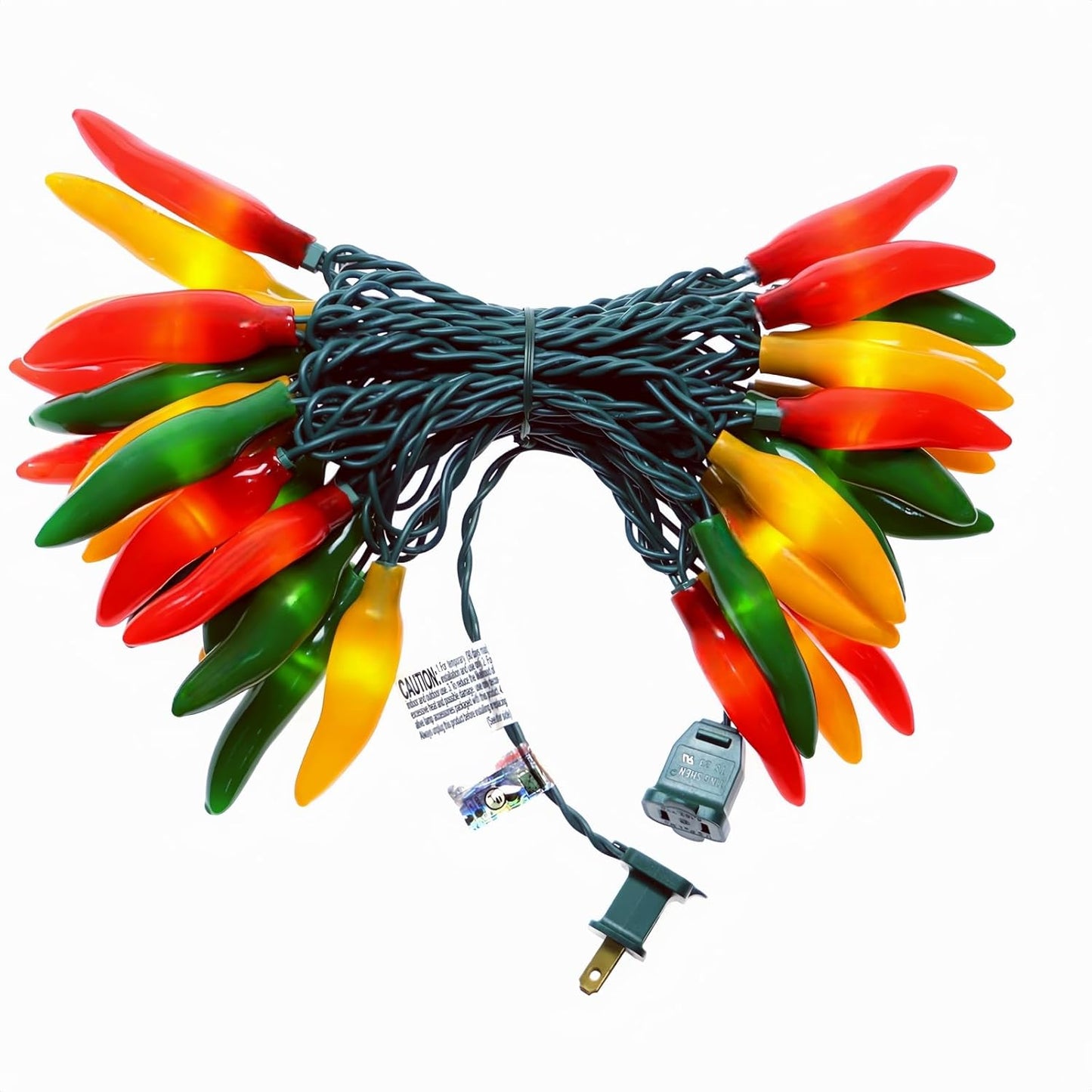 35 led bulbs in red, green, and yellow chili pepper shapes on 18 ft green wire