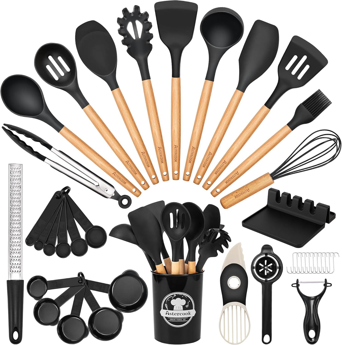 39-piece comprehensive utensil set covering all major cooking and baking tasks