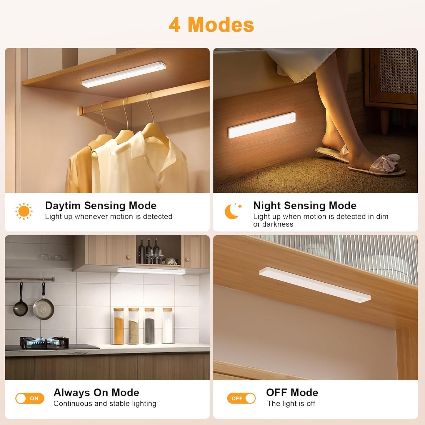 4-in-1 smart modes (always on / day / night / off) with tap-and-hold touch control
