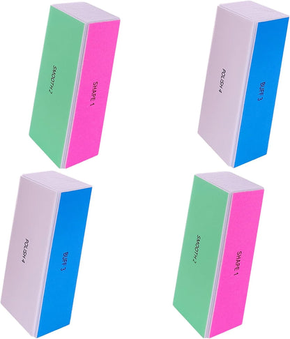 4-sided design with progressive grits: 120 (file/shape), 240 (smooth), 600 (buff), 3000 (polish/shine)