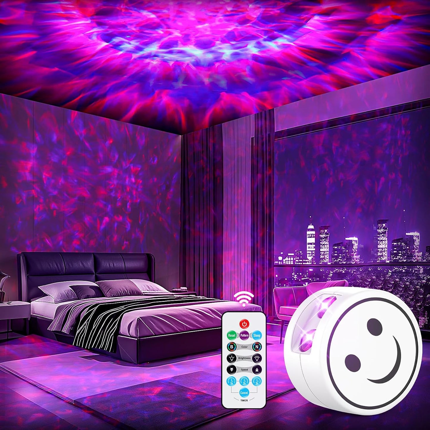 41 unique lighting effects combining nebula and sunset modes with adjustable brightness and speed