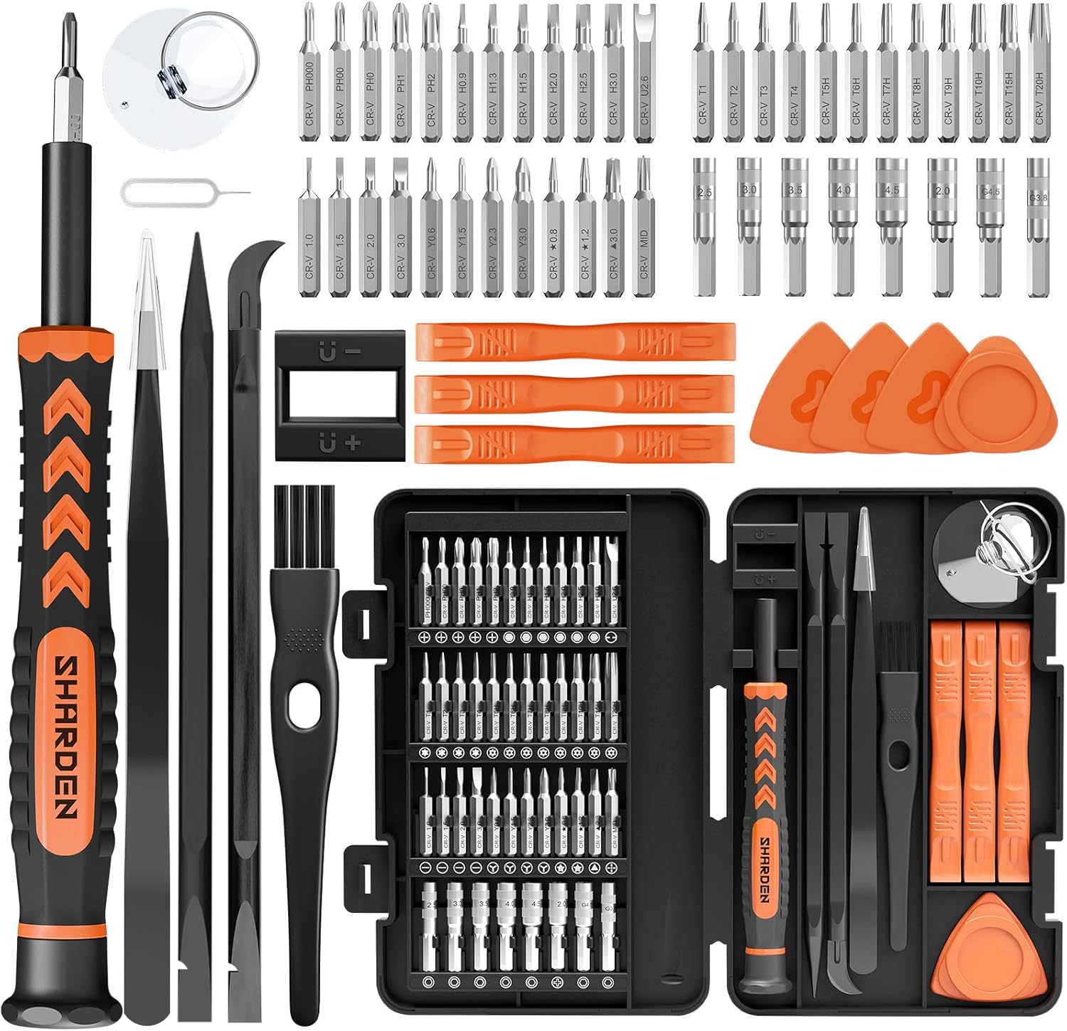 44 interchangeable bits covering phillips, torx, torx security, pentalobe, hex, tri-wing, slot, and mid sizes