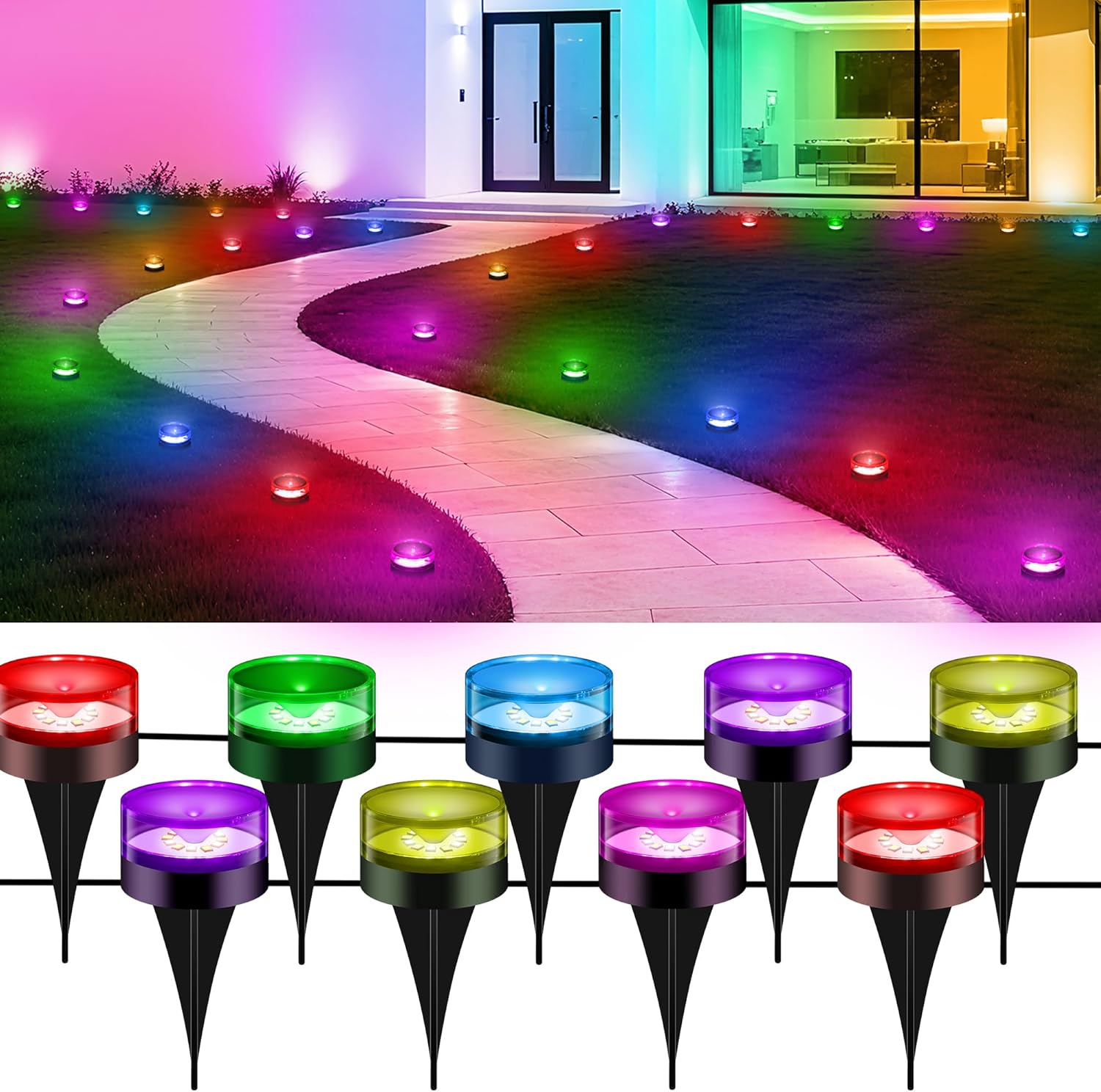 50ft string with 15 rgbic led pathway lights and included ground stakes