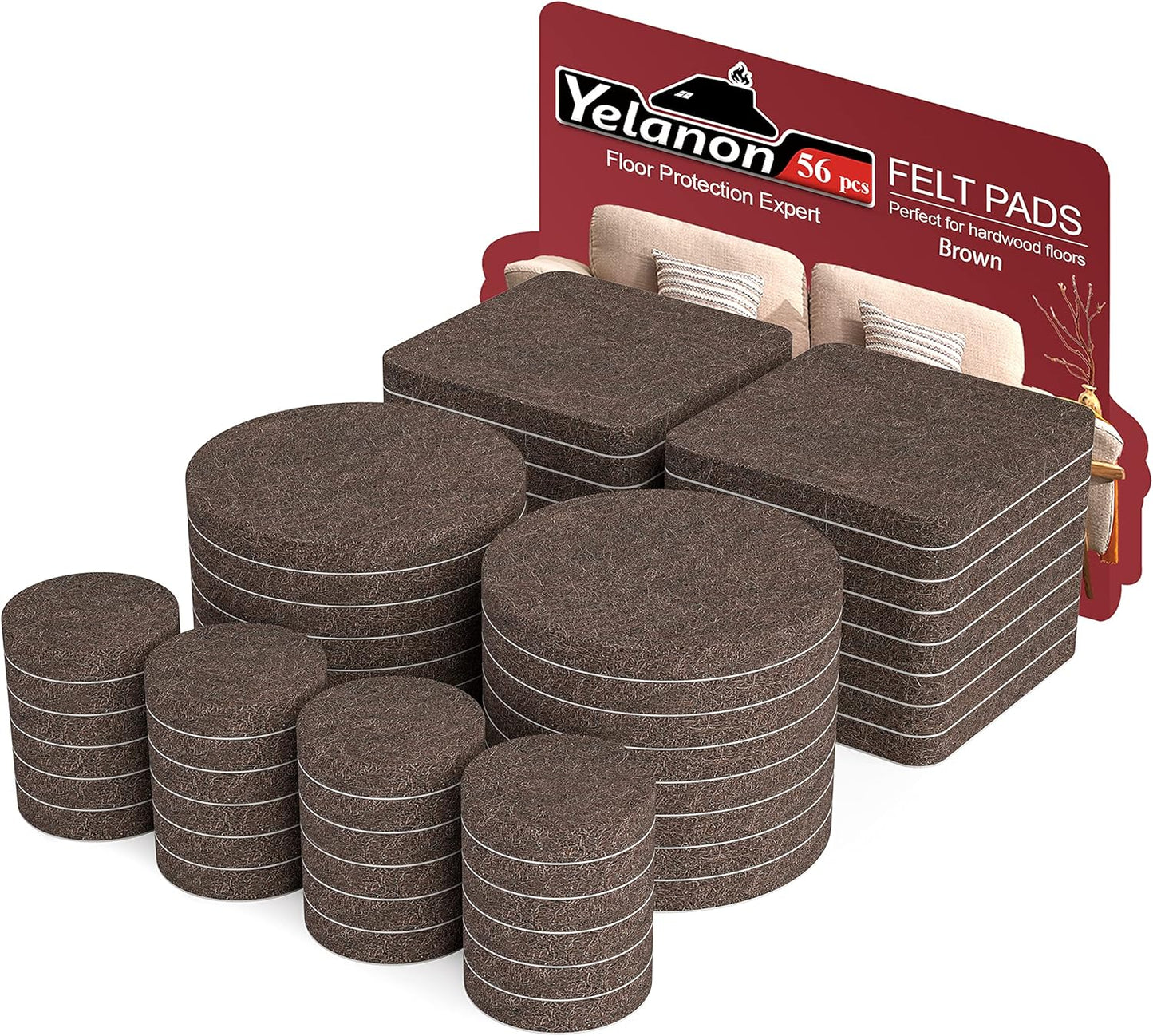 56-piece assortment: 24x 1" round, 16x 2" round, 16x 2"x2" square felt pads