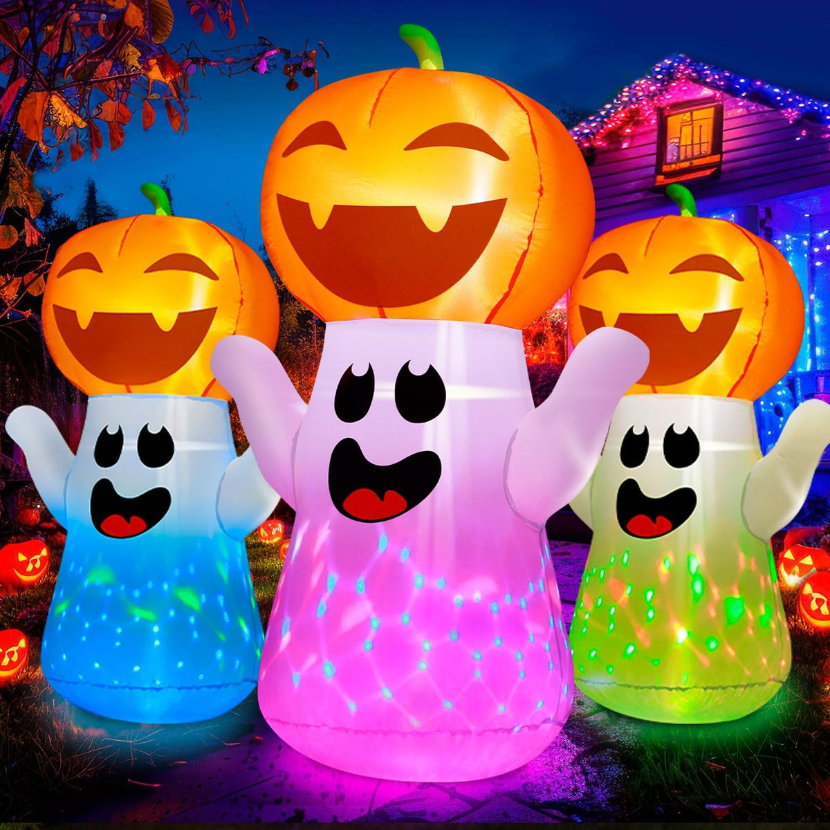 5ft tall pumpkin-ghost stacked inflatable with playful jack-o'-lantern face