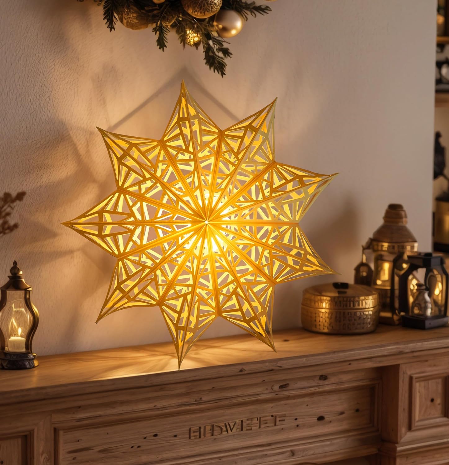 5Pcs Paper Snowflake Lanterns – Cozy Living Room Holiday Decor with LED Glow, Fold-Flat Star Ornaments for Christmas Mantle and Window