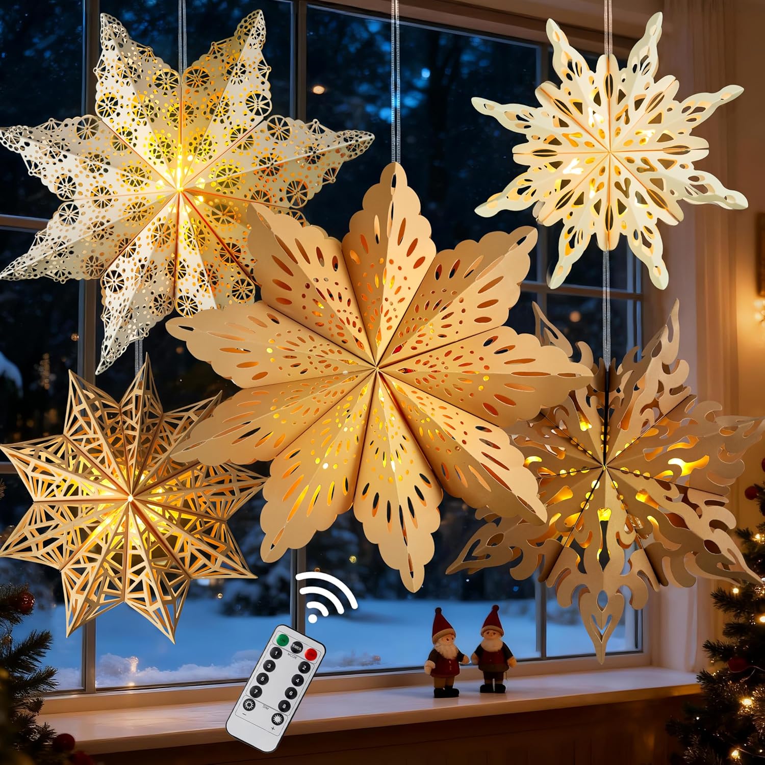 5Pcs Paper Snowflake Lanterns – Cozy Living Room Holiday Decor with LED Glow, Fold-Flat Star Ornaments for Christmas Mantle and Window