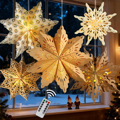 5Pcs Paper Snowflake Lanterns – Cozy Living Room Holiday Decor with LED Glow, Fold-Flat Star Ornaments for Christmas Mantle and Window