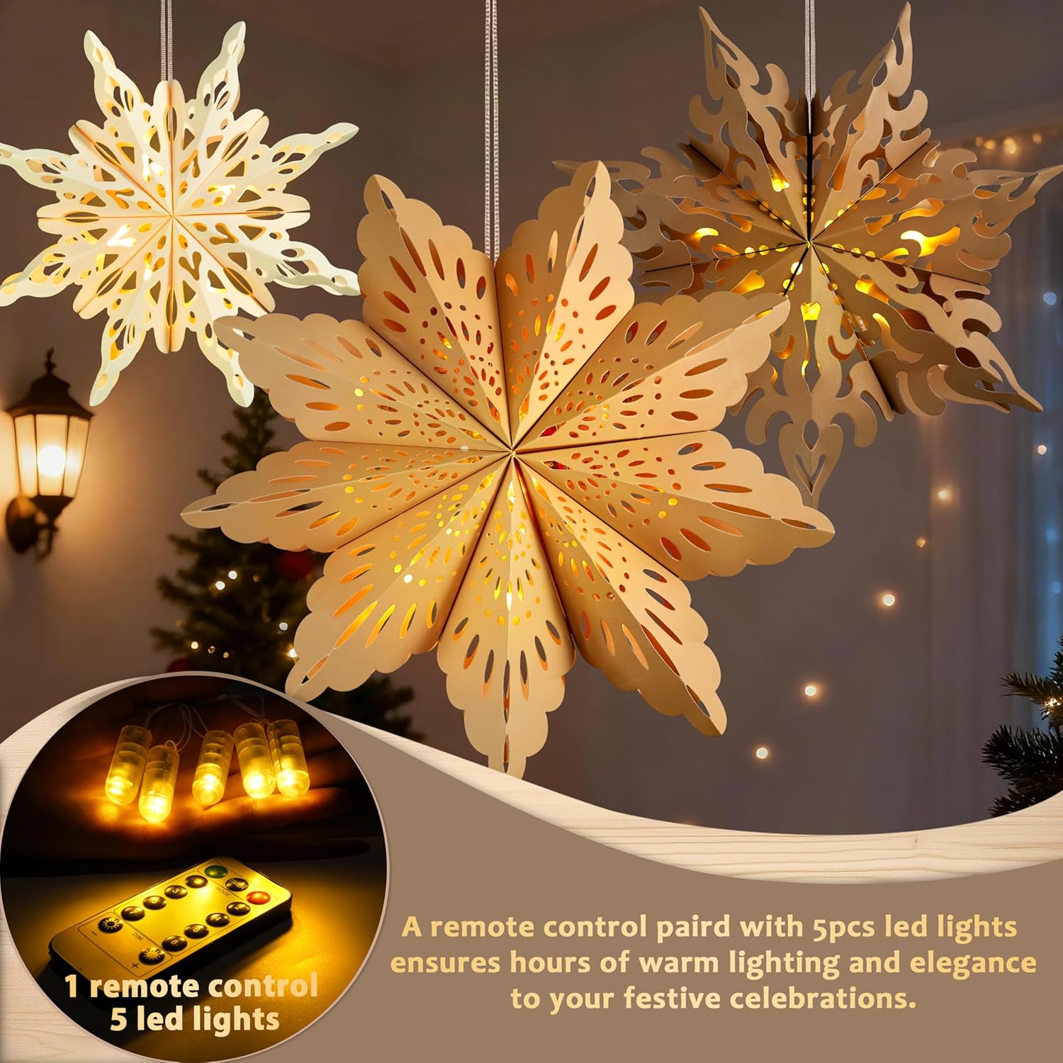 5Pcs Paper Snowflake Lanterns – Cozy Living Room Holiday Decor with LED Glow, Fold-Flat Star Ornaments for Christmas Mantle and Window