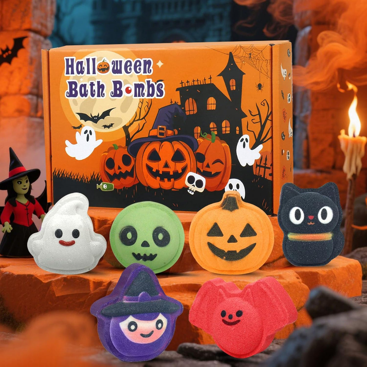 6 hand-shaped bath bombs in halloween-themed molds (pumpkin, ghost, witch, bat, black cat, spider)