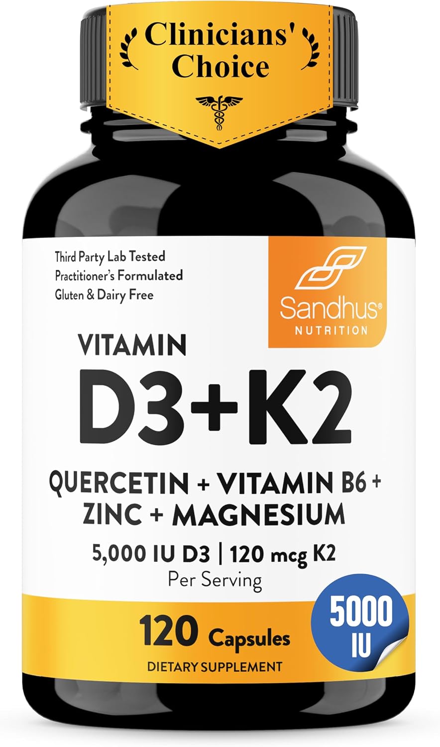 6-in-1 formula: 5000 iu vitamin d3, 120 mcg k2 mk-7, magnesium, zinc, vitamin b6, and quercetin per capsule