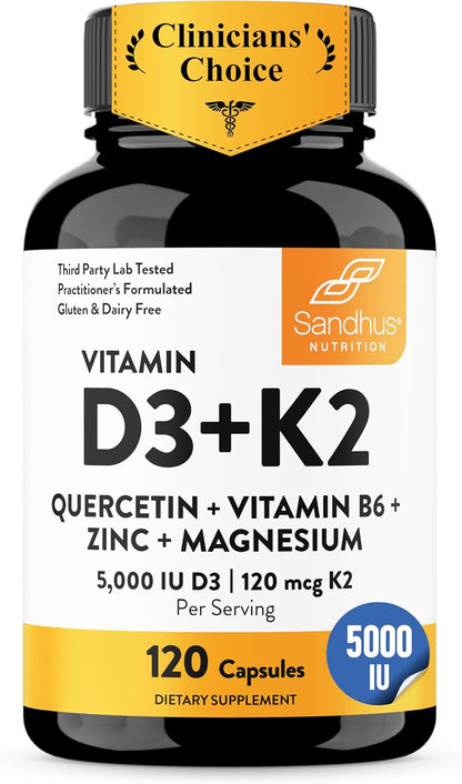 6-in-1 formula: 5000 iu vitamin d3, 120 mcg k2 mk-7, magnesium, zinc, vitamin b6, and quercetin per capsule