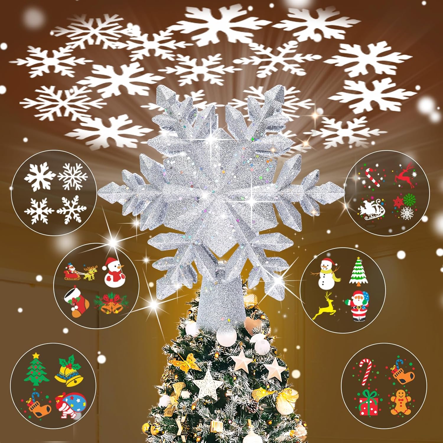 6 interchangeable led projection slides (gifts, snowflakes, stockings, snowmen, reindeer, santa)