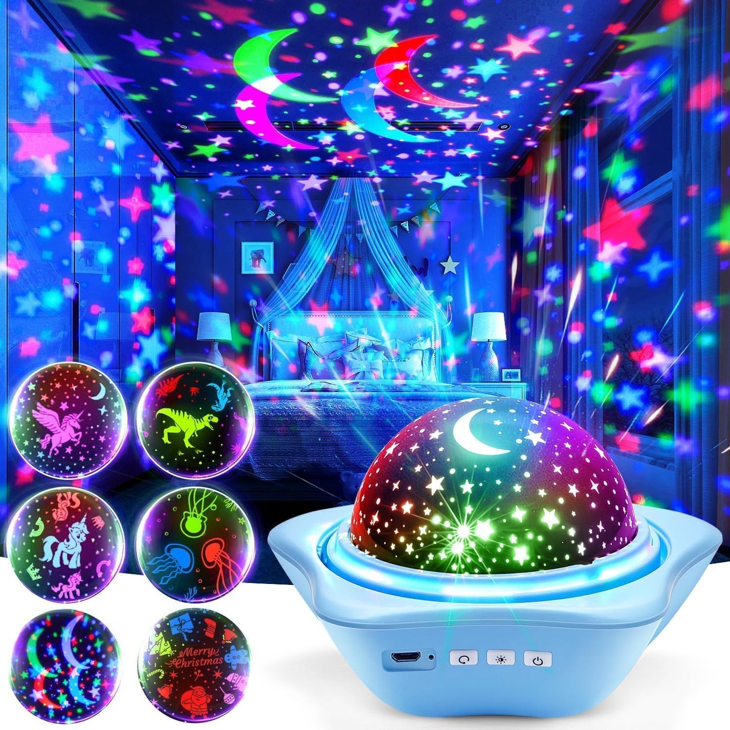 6 interchangeable projection film slides covering star/moon, unicorn, dinosaur, jellyfish, and christmas themes