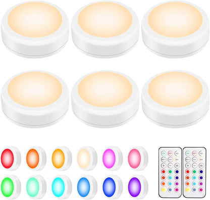 6 led puck lights powered by 3 aa batteries each (up to 100 hours runtime)
