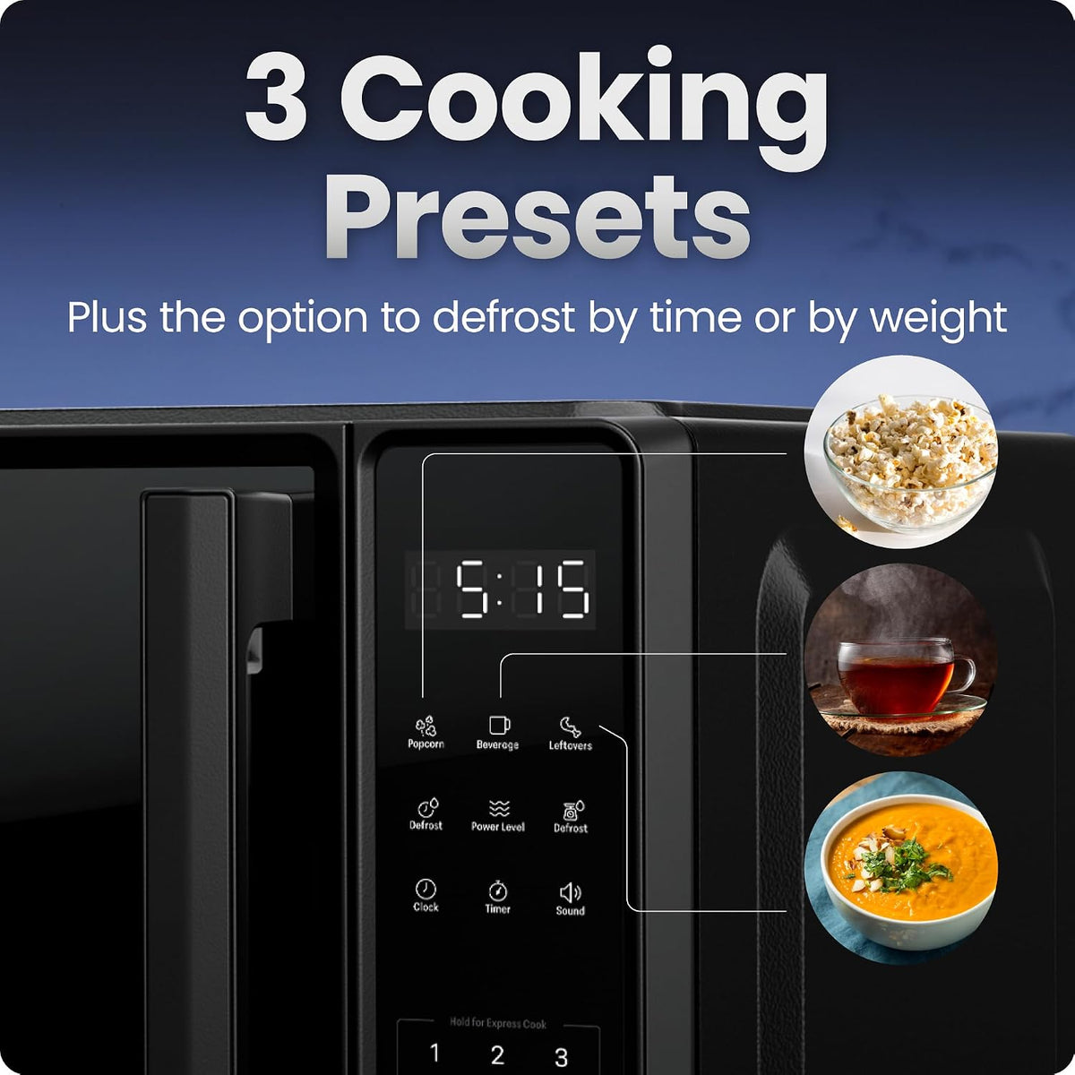 6 one-touch cooking presets (popcorn, pizza, beverage, veggie, potato, leftovers)