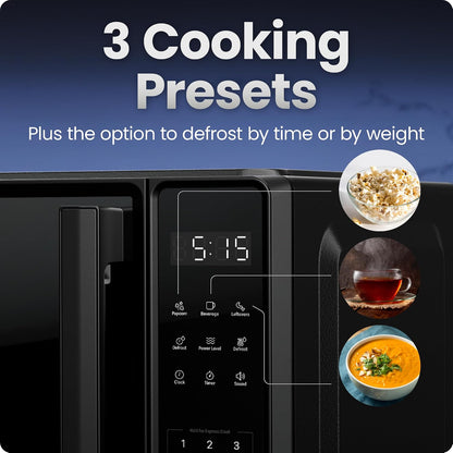 6 one-touch cooking presets (popcorn, pizza, beverage, veggie, potato, leftovers)