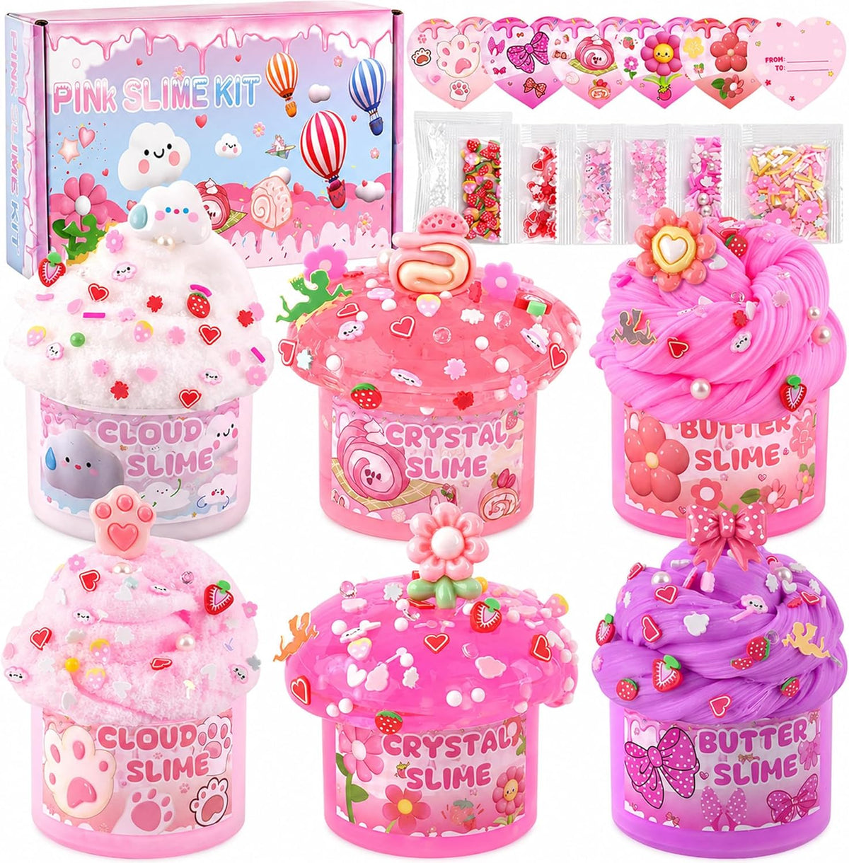 6-pack set totaling 360ml across three slime textures: 2 butter, 2 cloud, 2 clear crystal