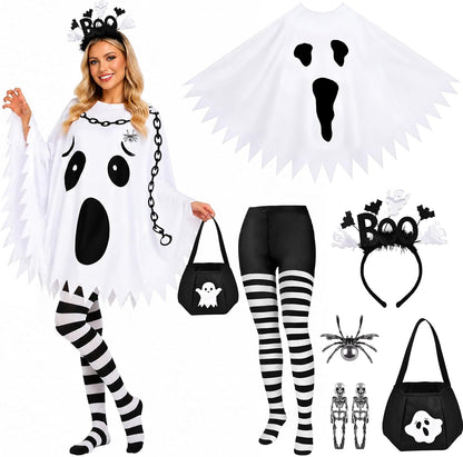 6-piece coordinated set: themed poncho, boo headband, candy bag, brooch, skull earrings, and striped tights