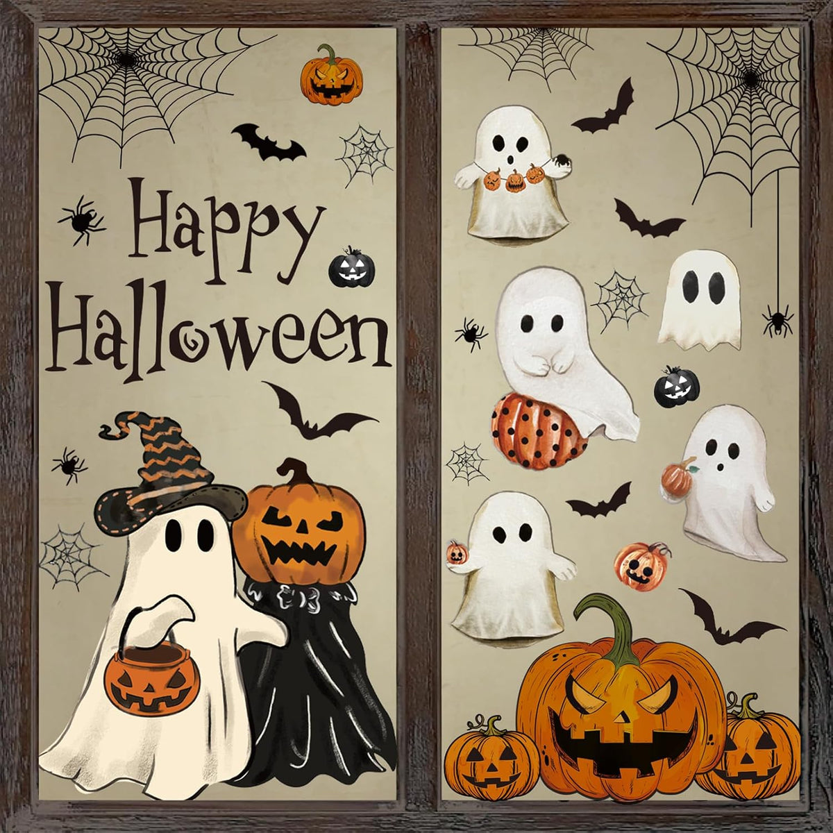 6 sheets of halloween-themed clings in varied designs (ghost, evil pumpkin, bat, spider, spider web, black cat, happy halloween letters)