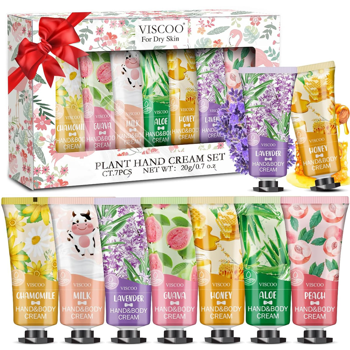 7-count set with seven distinct natural scents: lavender, chamomile, peach, aloe, guava, milk & honey