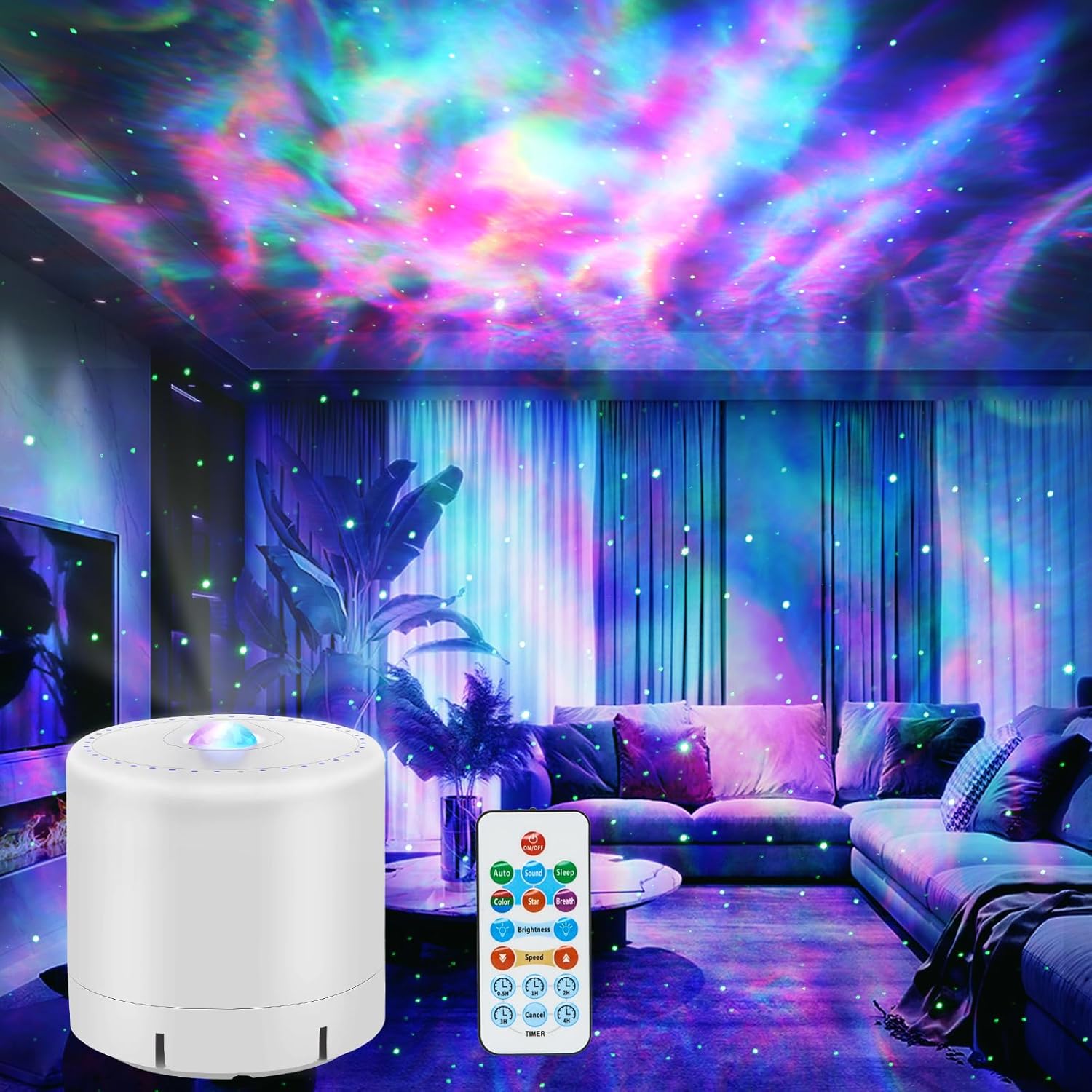 7 led background colors with red, green, blue, and star projection mixing