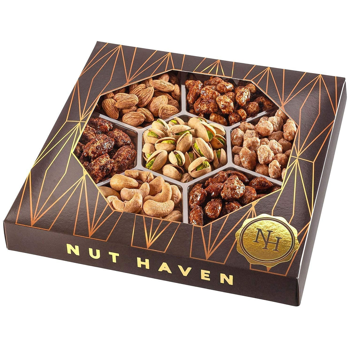 7-piece mixed nut assortment including toffee peanuts, glazed almonds, roasted salted almonds, pistachios, glazed peanuts, cashews, and glazed pecans