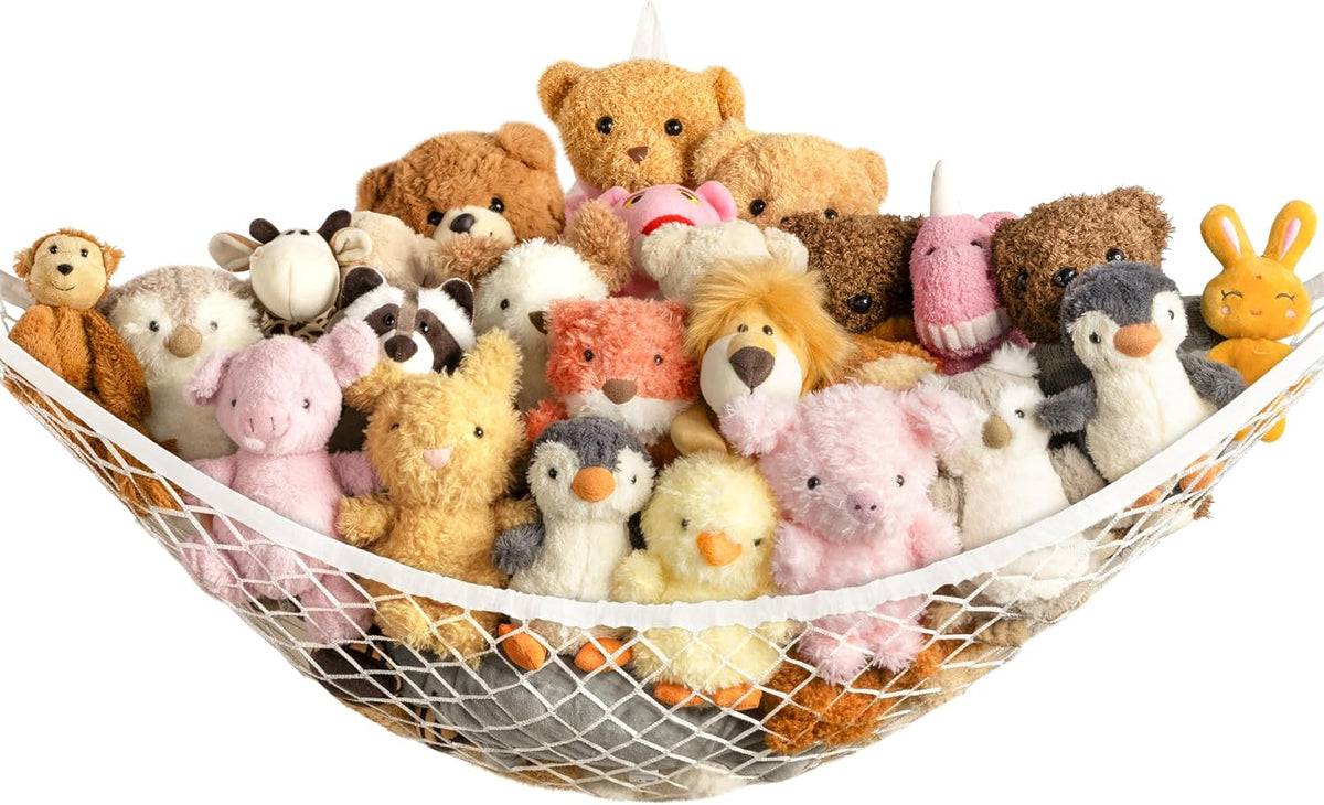 71" x 47" x 47" corner-hanging hammock net with generous plush-toy capacity
