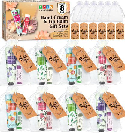 8 hand creams + 8 lip balms per set with 8+ lip balm flavors and 6 hand cream scents