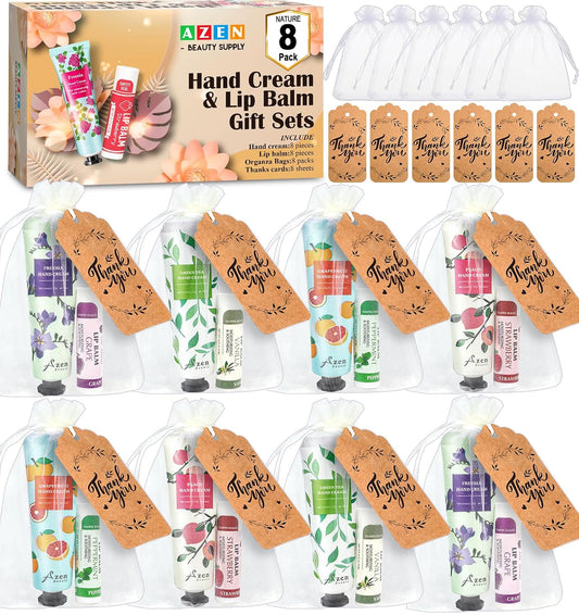 8 hand creams + 8 lip balms per set with 8+ lip balm flavors and 6 hand cream scents