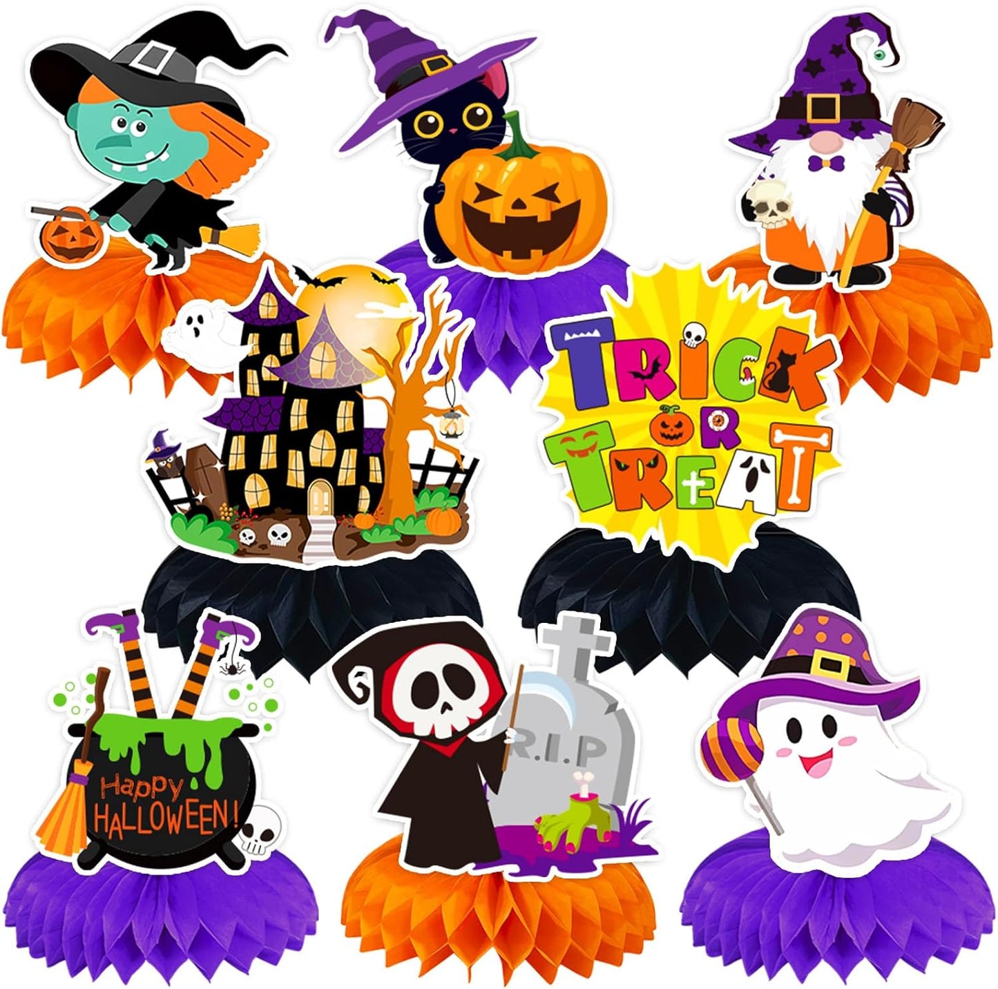 8-piece set with 8 different halloween-themed patterns (witches, pumpkins, black cats, gnomes, ghosts, skeletons, bats, trick-or-treat)