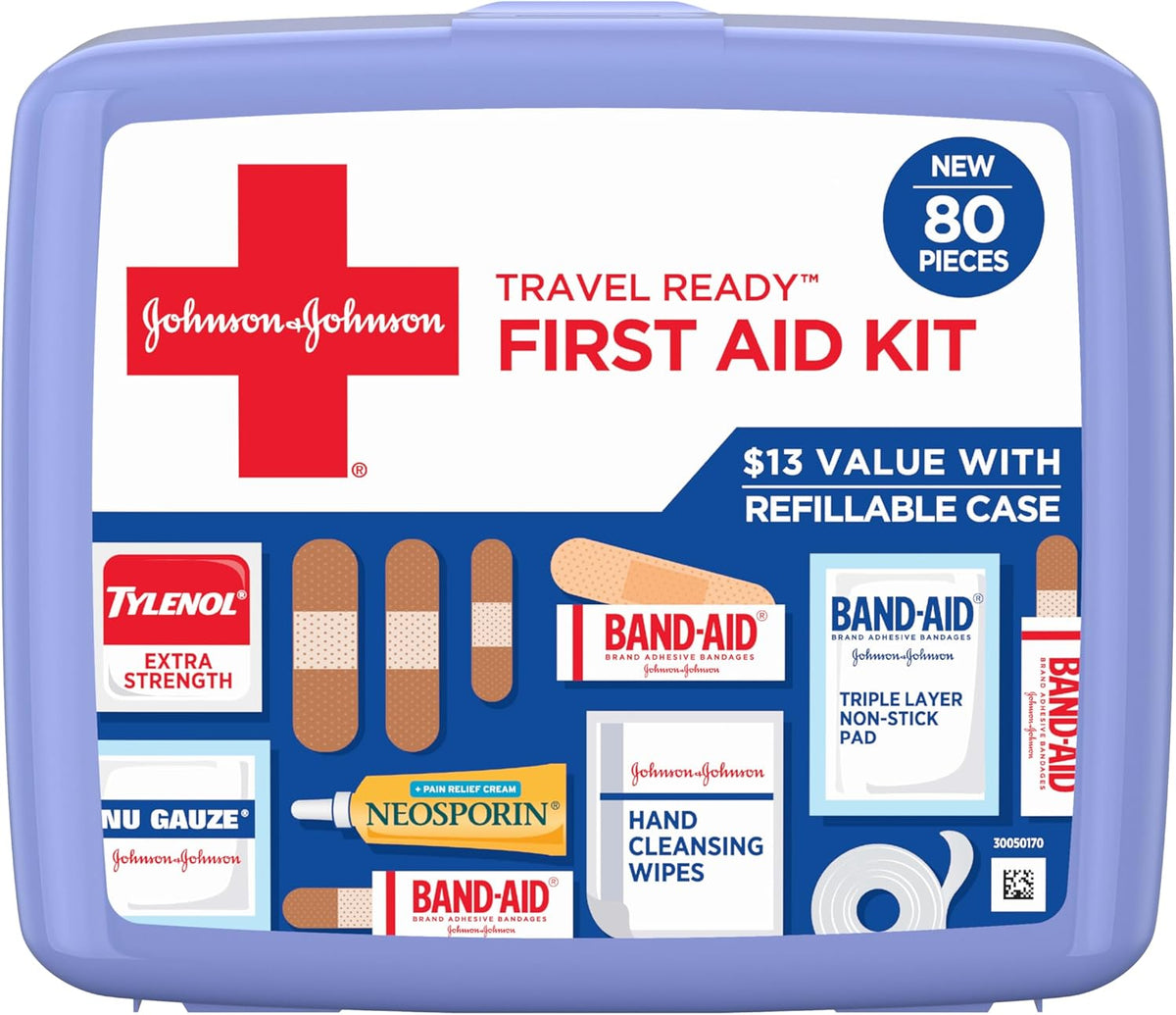80-piece assortment of bandages, cleansing wipes, gauze pads, antibiotic cream, and pain relief caplets