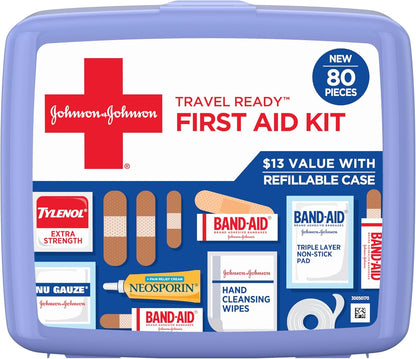 80-piece assortment of bandages, cleansing wipes, gauze pads, antibiotic cream, and pain relief caplets