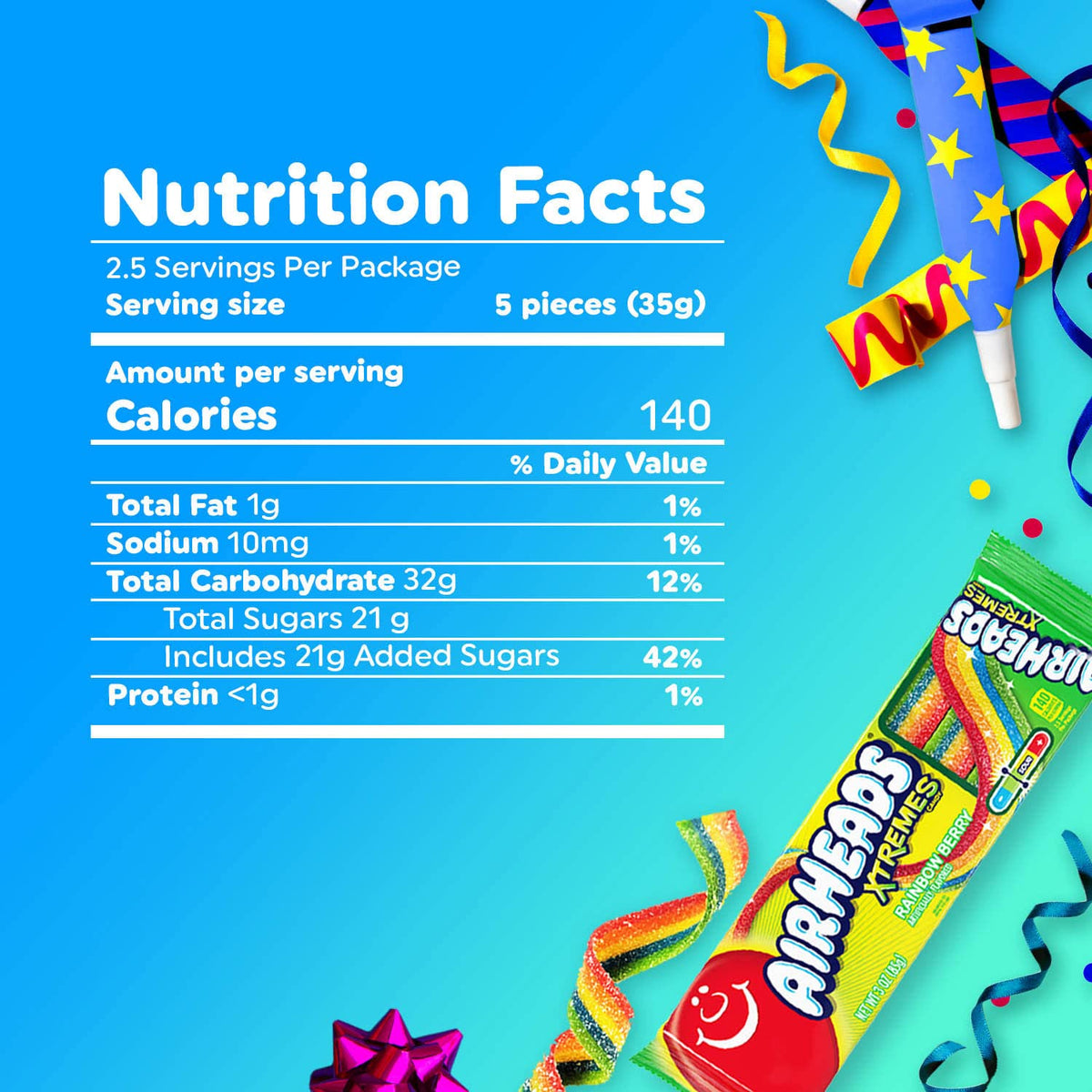 Airheads Xtremes Belts Blue Raspberry Chewy Candy, 18 Pack of Individually Wrapped 2 oz Belts – Peanut Free Tree Nut Free Gluten Free Treats for Party Favors and Lunchboxes