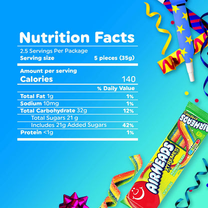 Airheads Xtremes Belts Blue Raspberry Chewy Candy, 18 Pack of Individually Wrapped 2 oz Belts – Peanut Free Tree Nut Free Gluten Free Treats for Party Favors and Lunchboxes