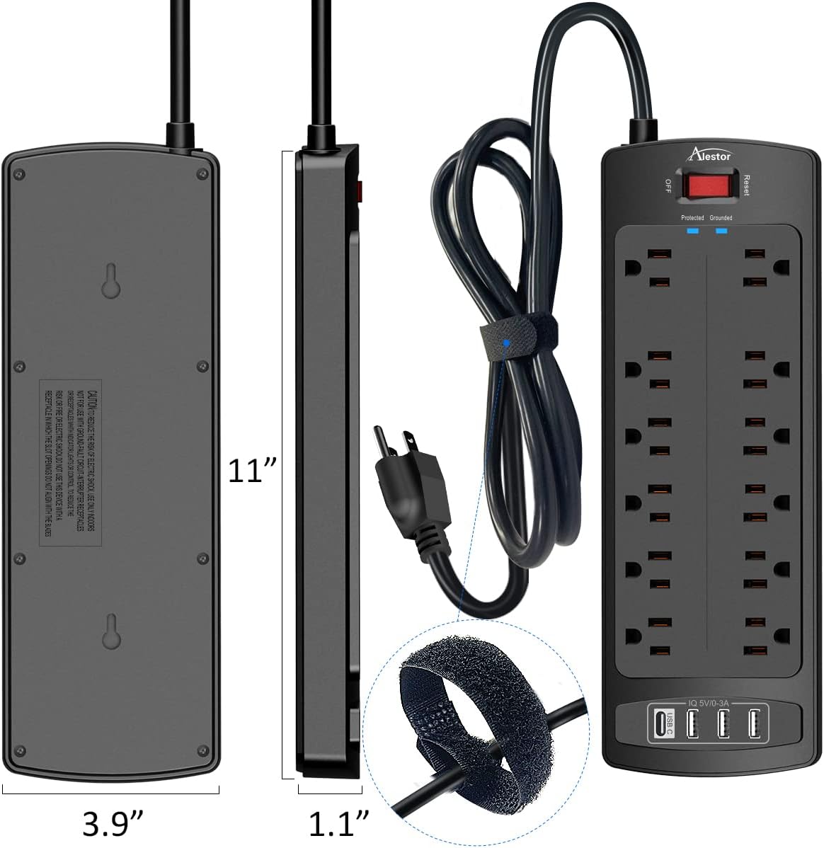 ALESTOR Surge Protector Power Strip 12 Outlets 4 USB, Grey Finish for Bedroom and Living Room Electronics Hub