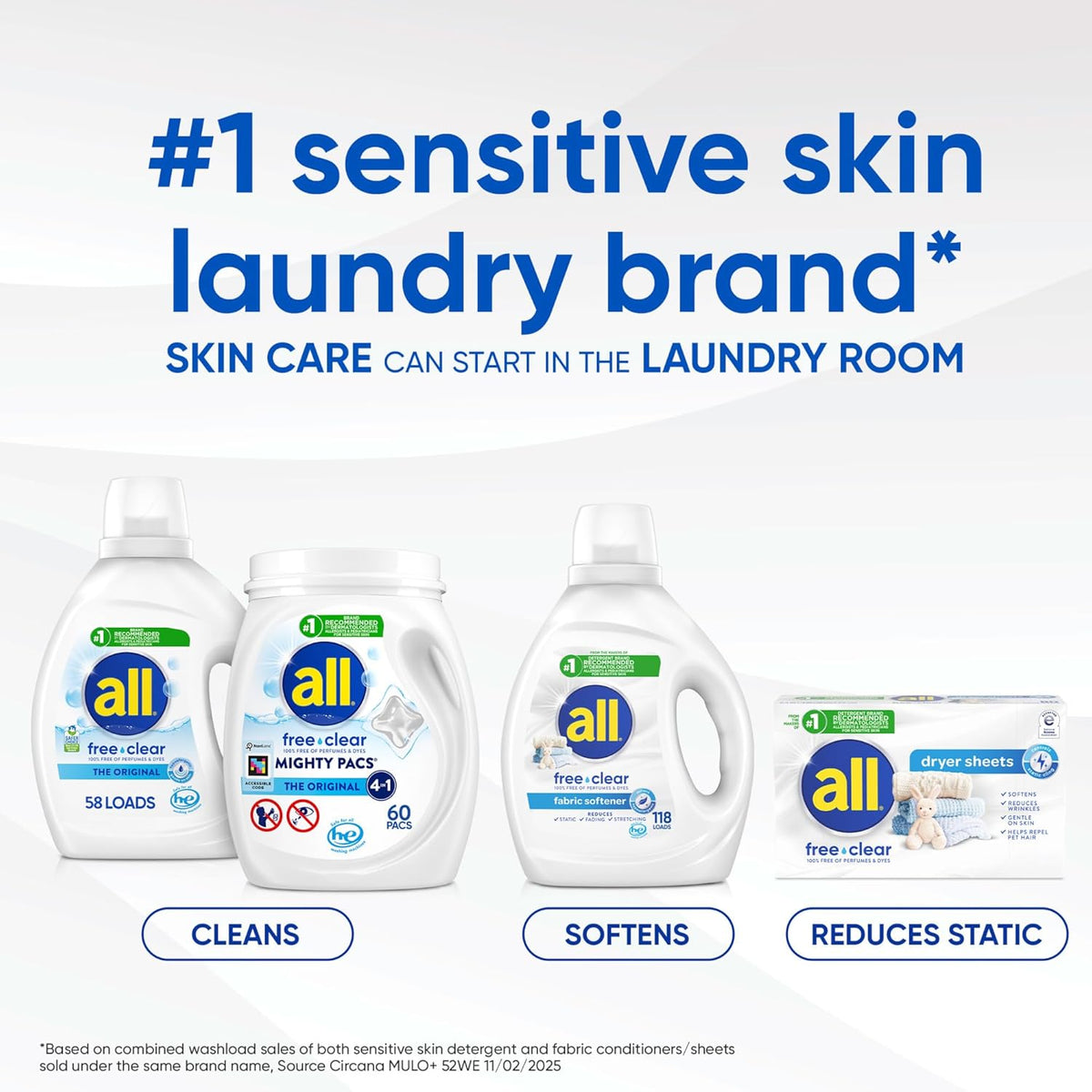 All Free Clear Mighty Pacs – Sensitive Skin Laundry for a Calmer Self-Care Routine, 60 Count Tub