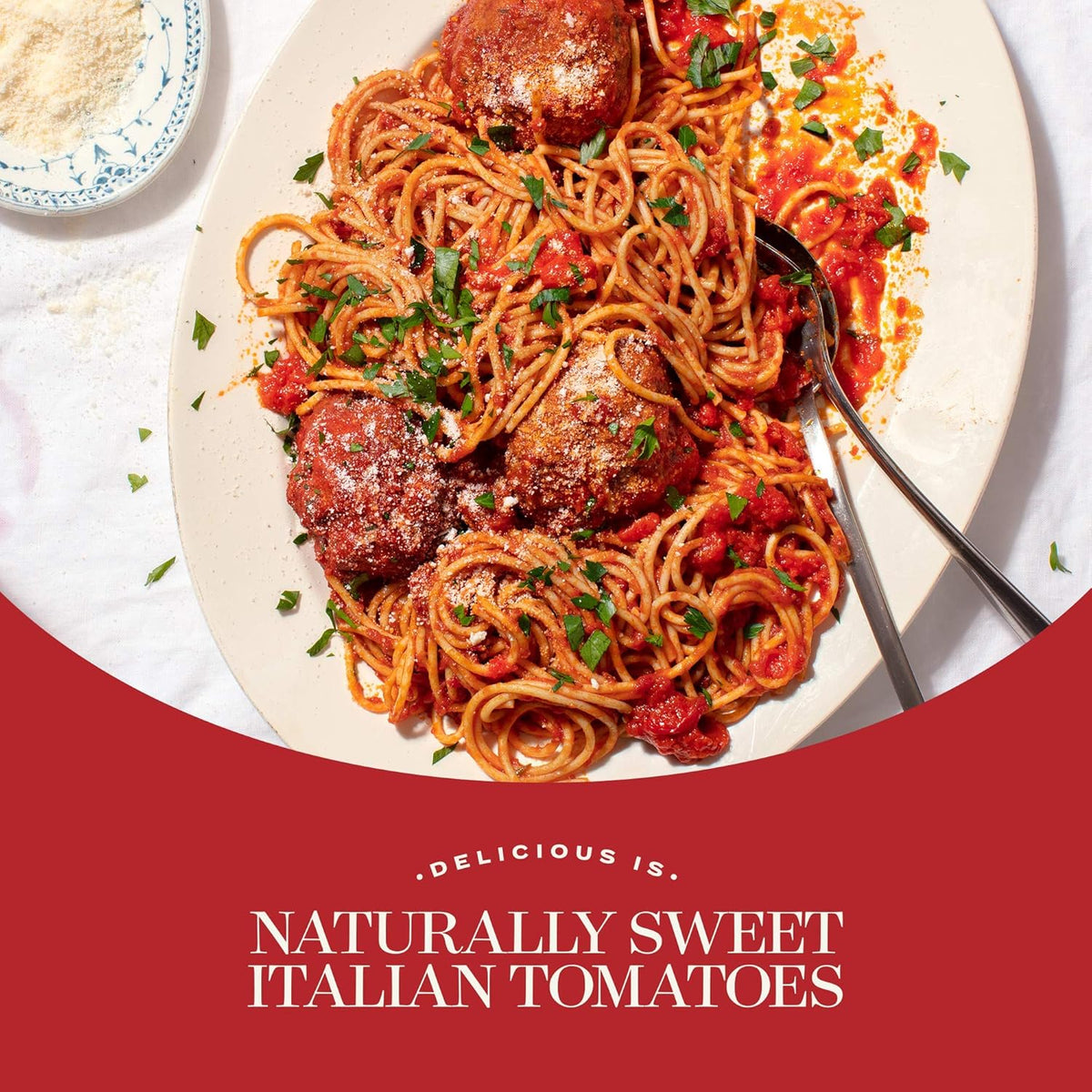 all-natural ingredient panel: italian tomatoes, olive oil, onions, garlic, basil, oregano