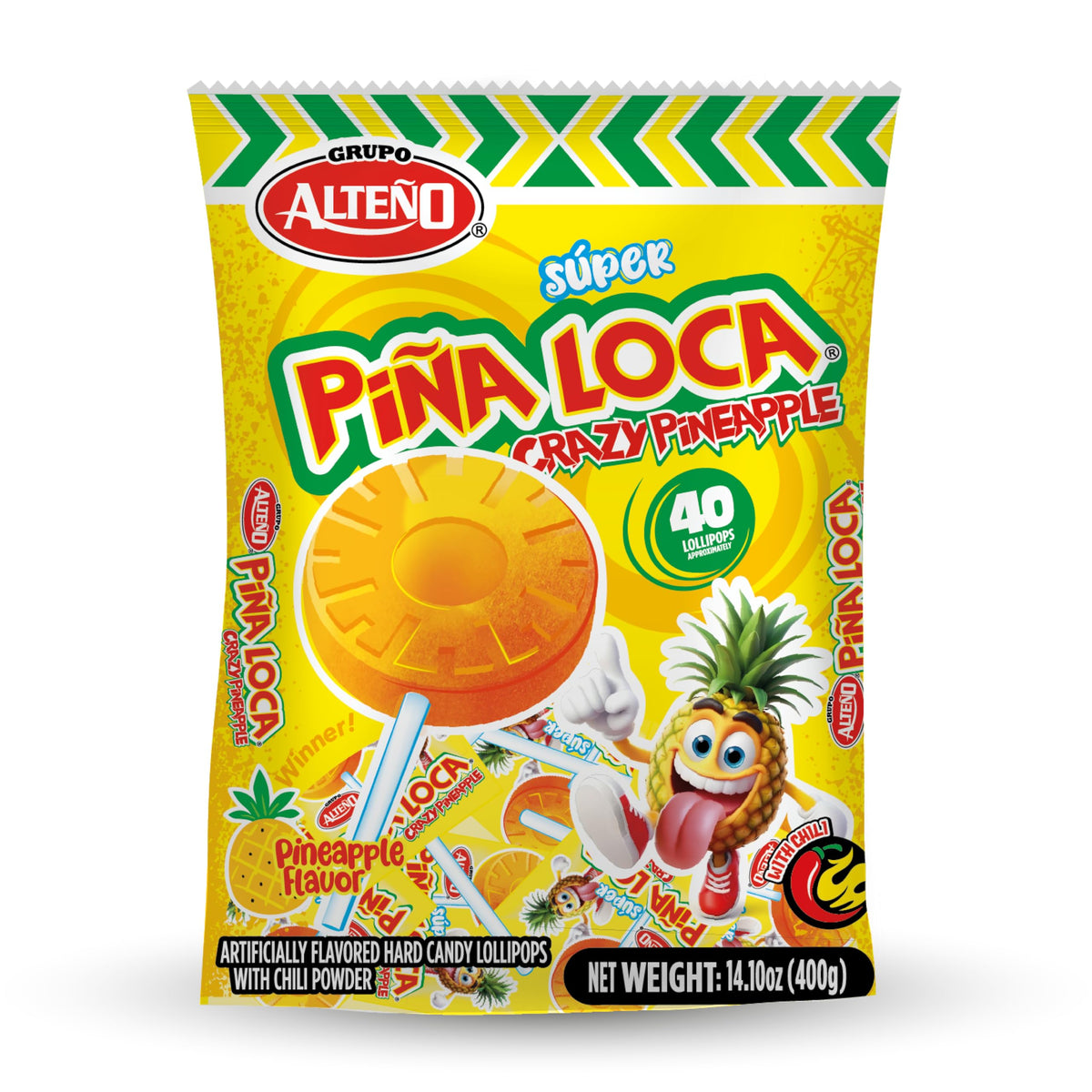 Alteño (Alteno) Super Piña Loca Pineapple Chili Lollipops, Mexican Style Spicy Hard Candy, Individually Wrapped, 40 Count